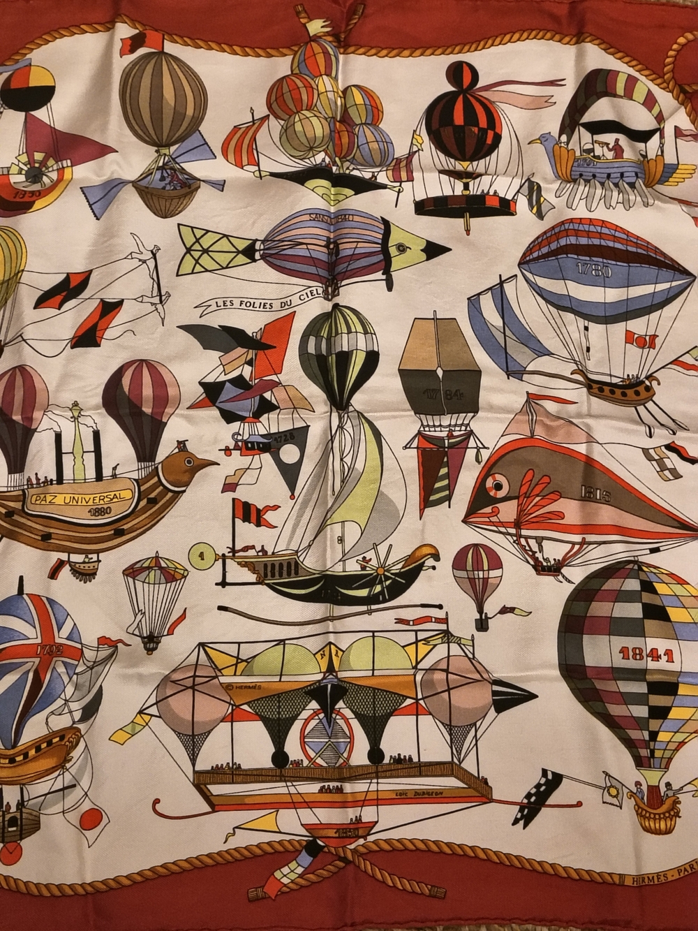 Hermes Multicolor Balloon and Nautical Print Silk Scarf with Red Border - Picture 7 of 9